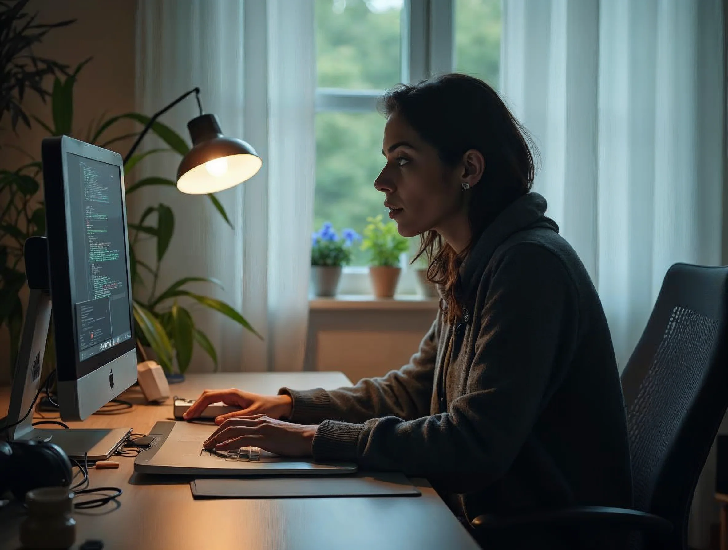 Poste de télétravail sobre et sécurisé avec équipement professionnel et environnement de travail ordonné.