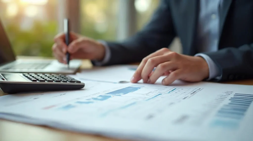 Employeur préparant une comparaison budgétaire entre apprentissage et professionnalisation avec documents et calculatrice
