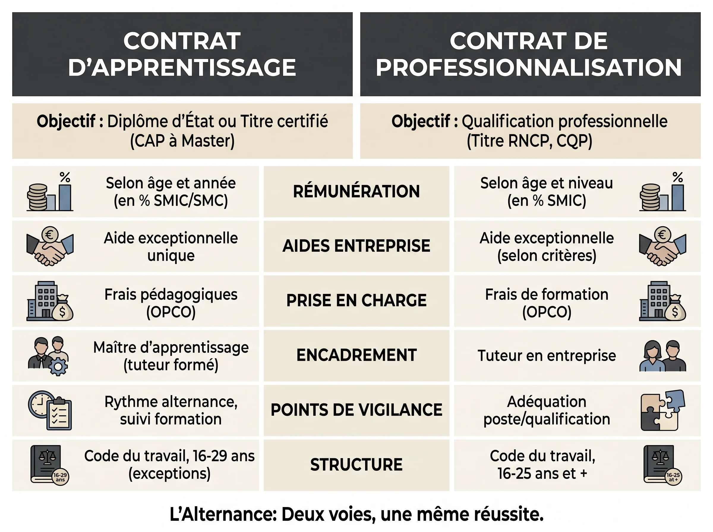 Grille visuelle de comparaison entre apprentissage et professionnalisation selon les principaux postes de coût