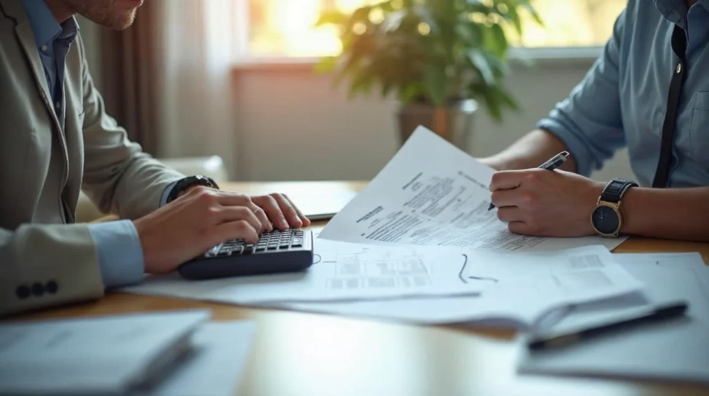 Responsable préparant une estimation prudente du coût employeur d’un apprenti avec documents et calculatrice.