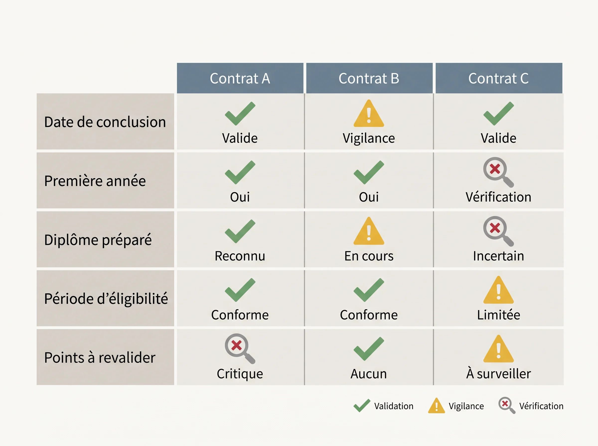 Éligibilité de l'aide contrat par contrat Mini tableau de décision pour vérifier l'éligibilité de l'aide employeur pour plusieurs contrats d'apprentissage.