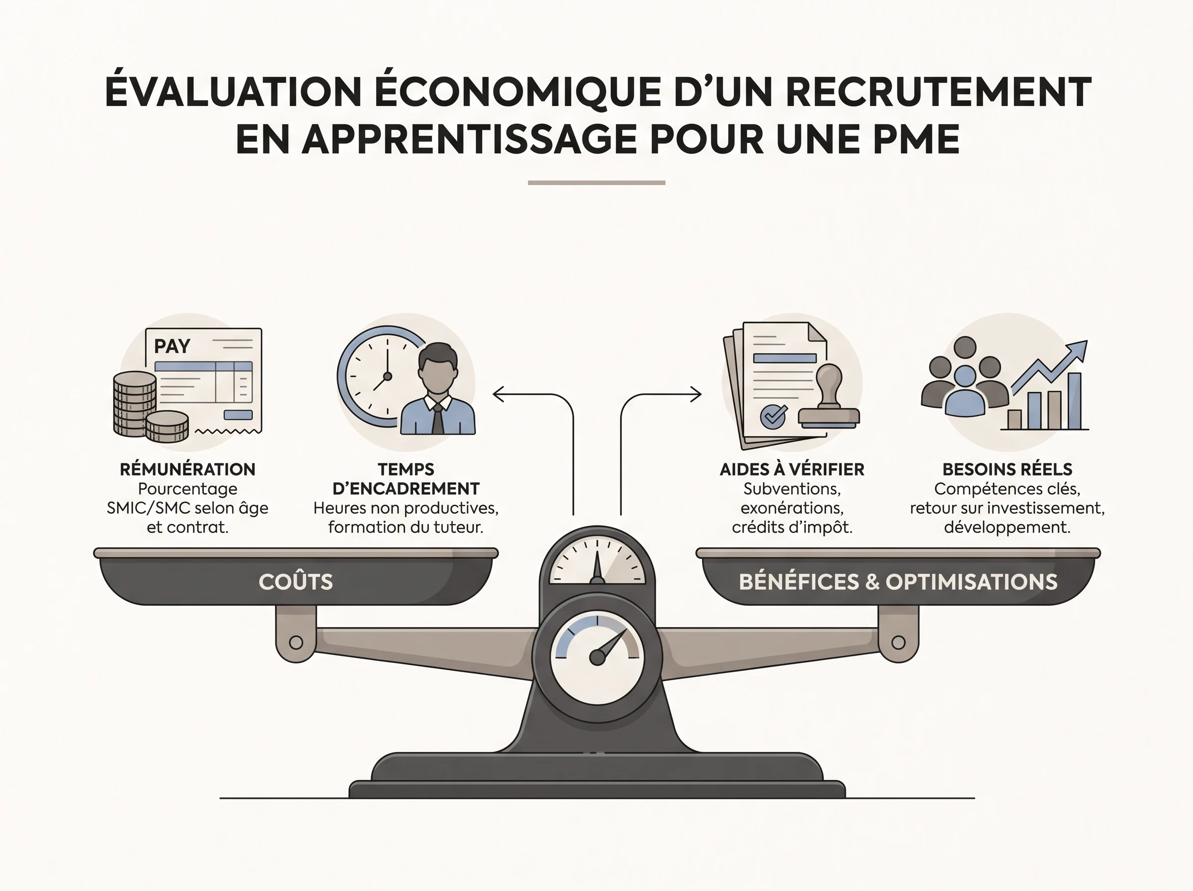 Évaluer avec prudence l'équilibre économique d'un apprenti Schéma simple pour évaluer le coût, l'encadrement et les aides liés au recrutement d'un apprenti.