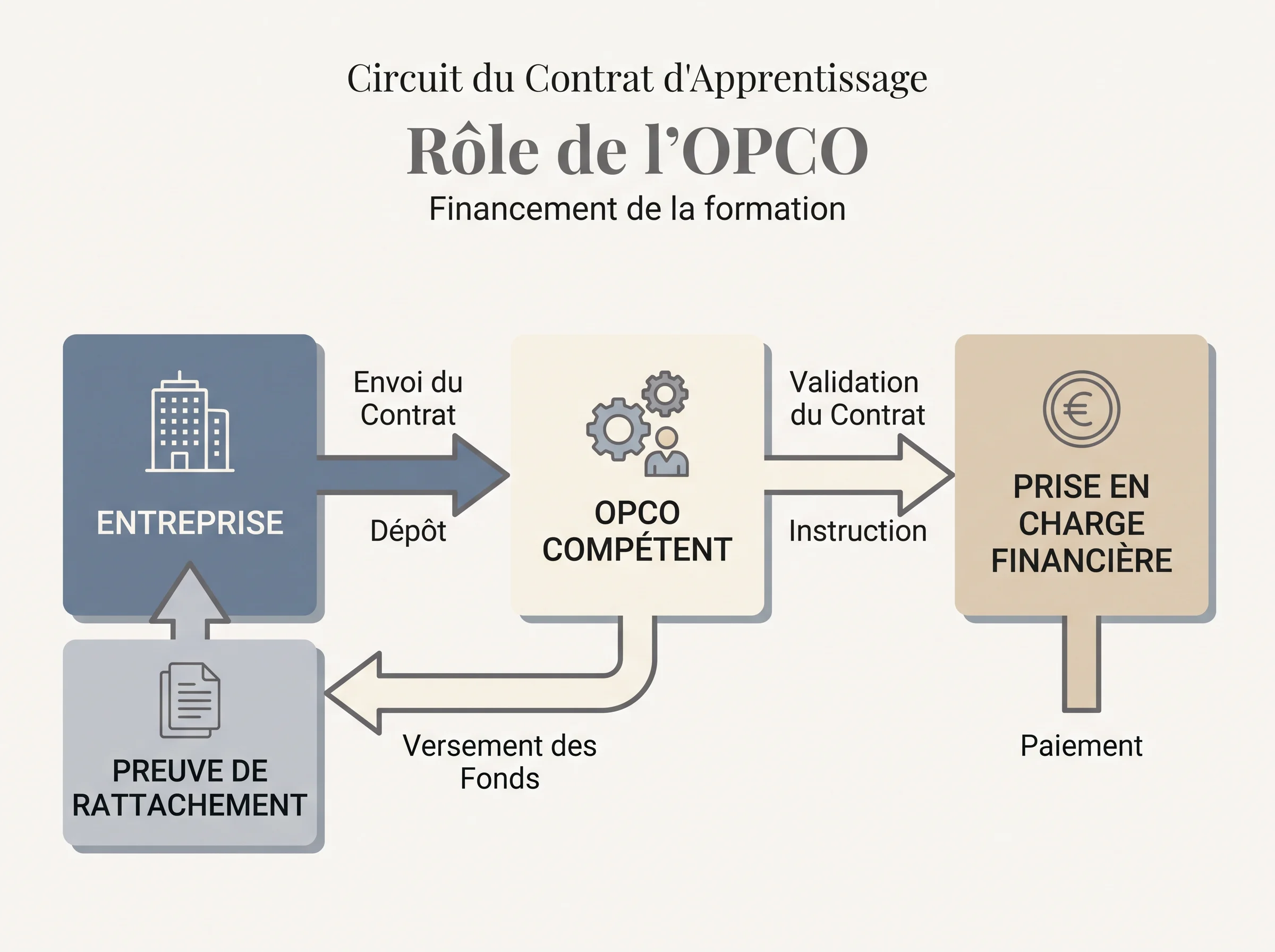 Identifier l’OPCO compétent Schéma simple du rôle de l’OPCO dans le contrat d’apprentissage