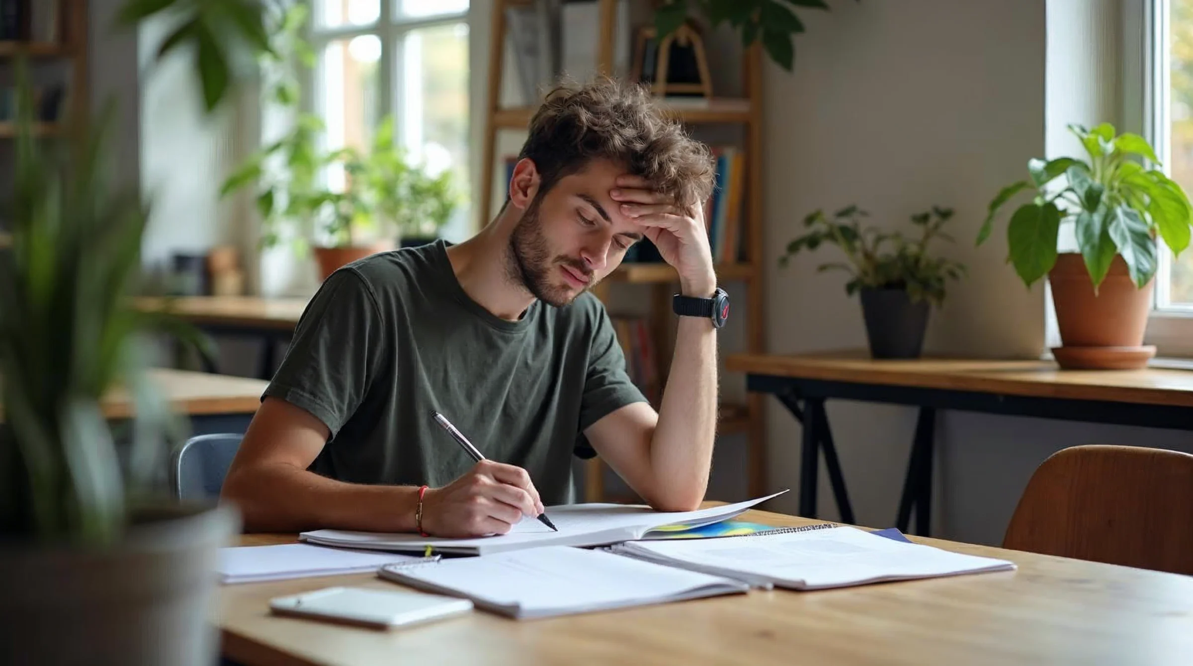 Étudiant préparant un projet de BTS en alternance après un bac professionnel dans un cadre d'étude sobre.