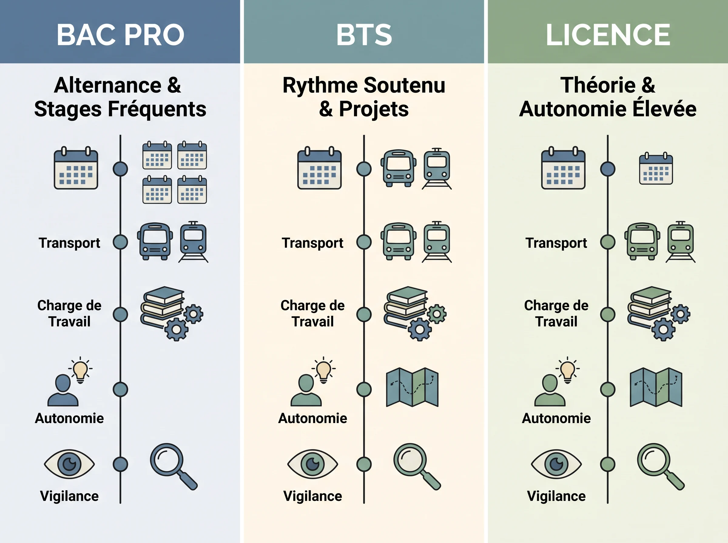 Comparer les formats d'alternance d'un coup d'oeil Tableau comparatif visuel des rythmes d'alternance en bac pro, BTS et licence.