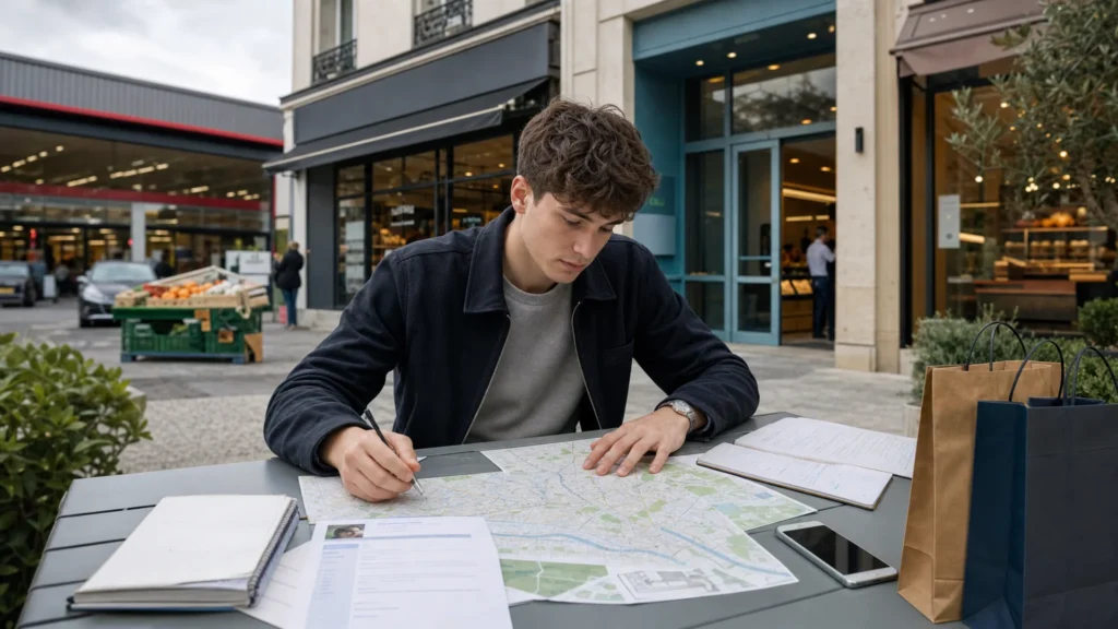 Candidat en apprentissage dans le commerce préparant une recherche d’employeurs variés à contacter