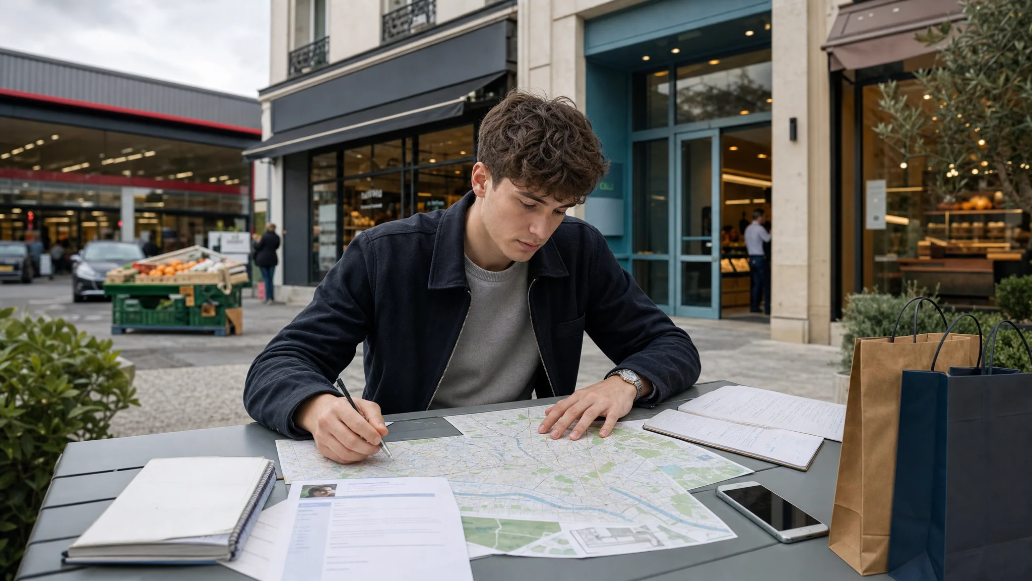 Candidat en apprentissage dans le commerce préparant une recherche d’employeurs variés à contacter