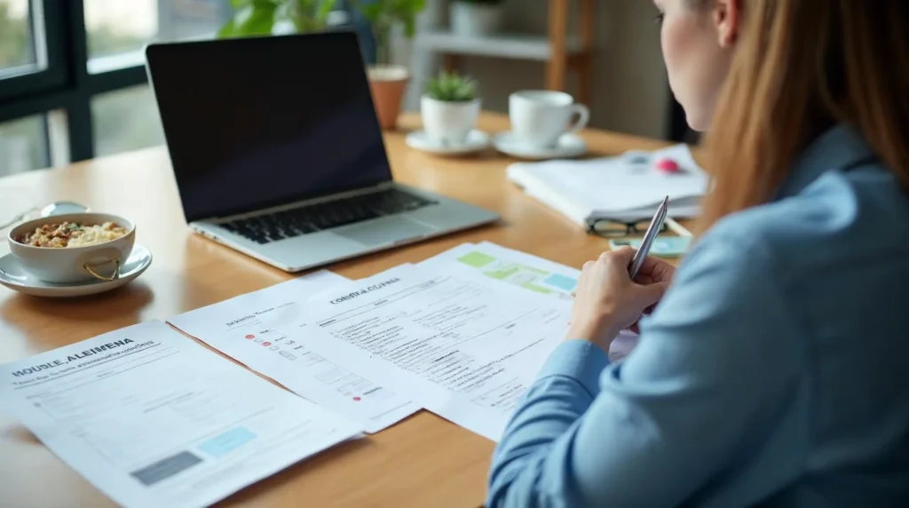 Employeur préparant le budget des frais annexes d’un apprenti avec documents, transport, repas et équipement sur une table.
