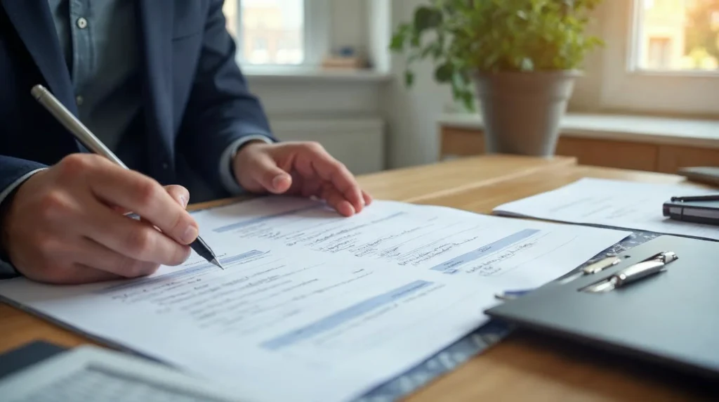 Employeur examinant une candidature d’apprentissage avec documents de formation et notes de vérification avant entretien