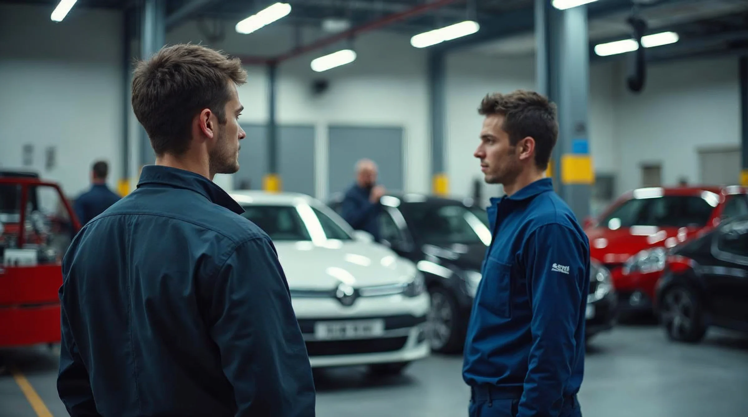 Un apprenti mécanicien dans un atelier automobile compare visuellement trois environnements de travail possibles pour son apprentissage.