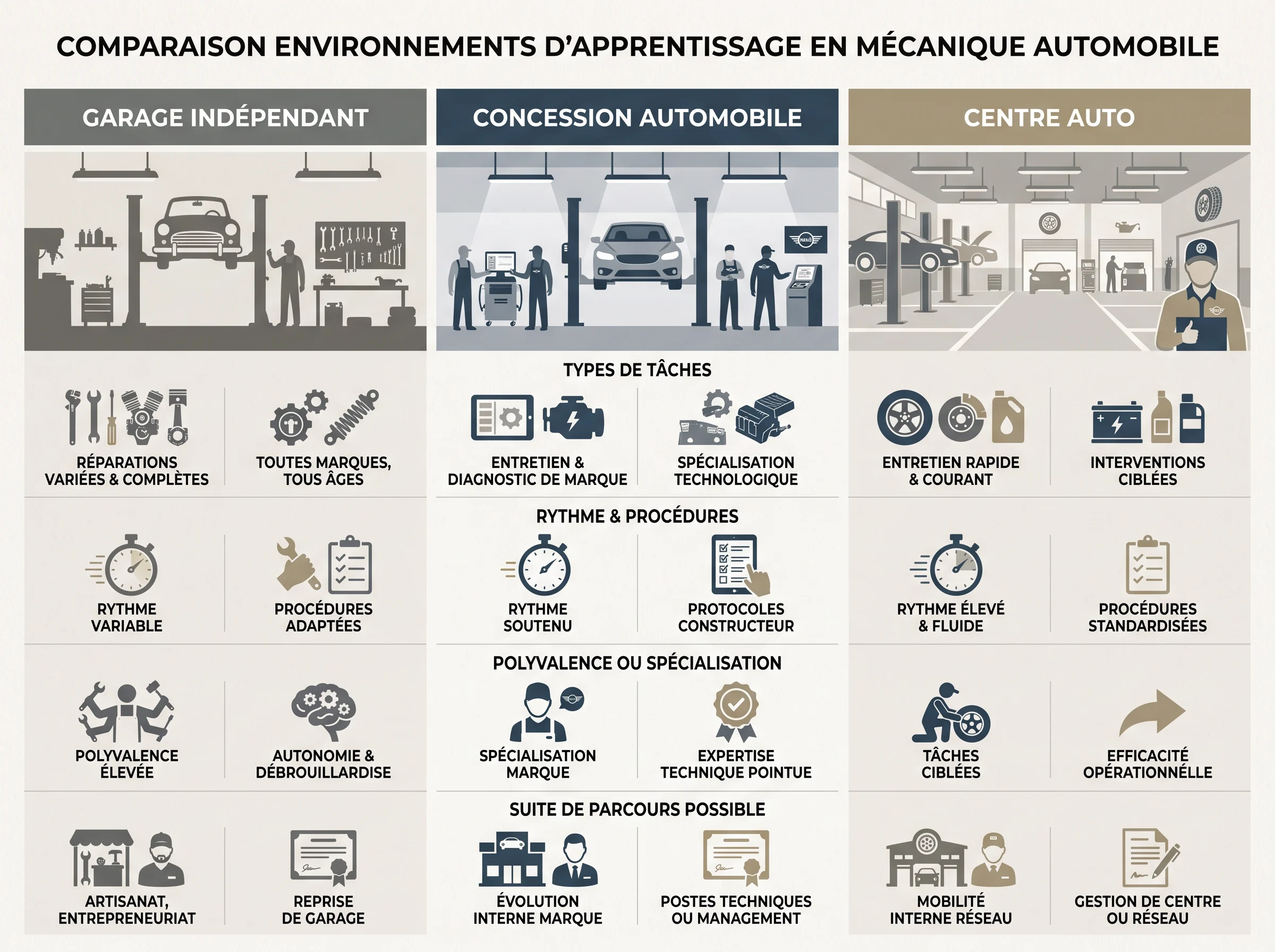 Comparer les trois environnements d'apprentissage Infographie comparant garage indépendant, concession automobile et centre auto pour un apprentissage en mécanique automobile.
