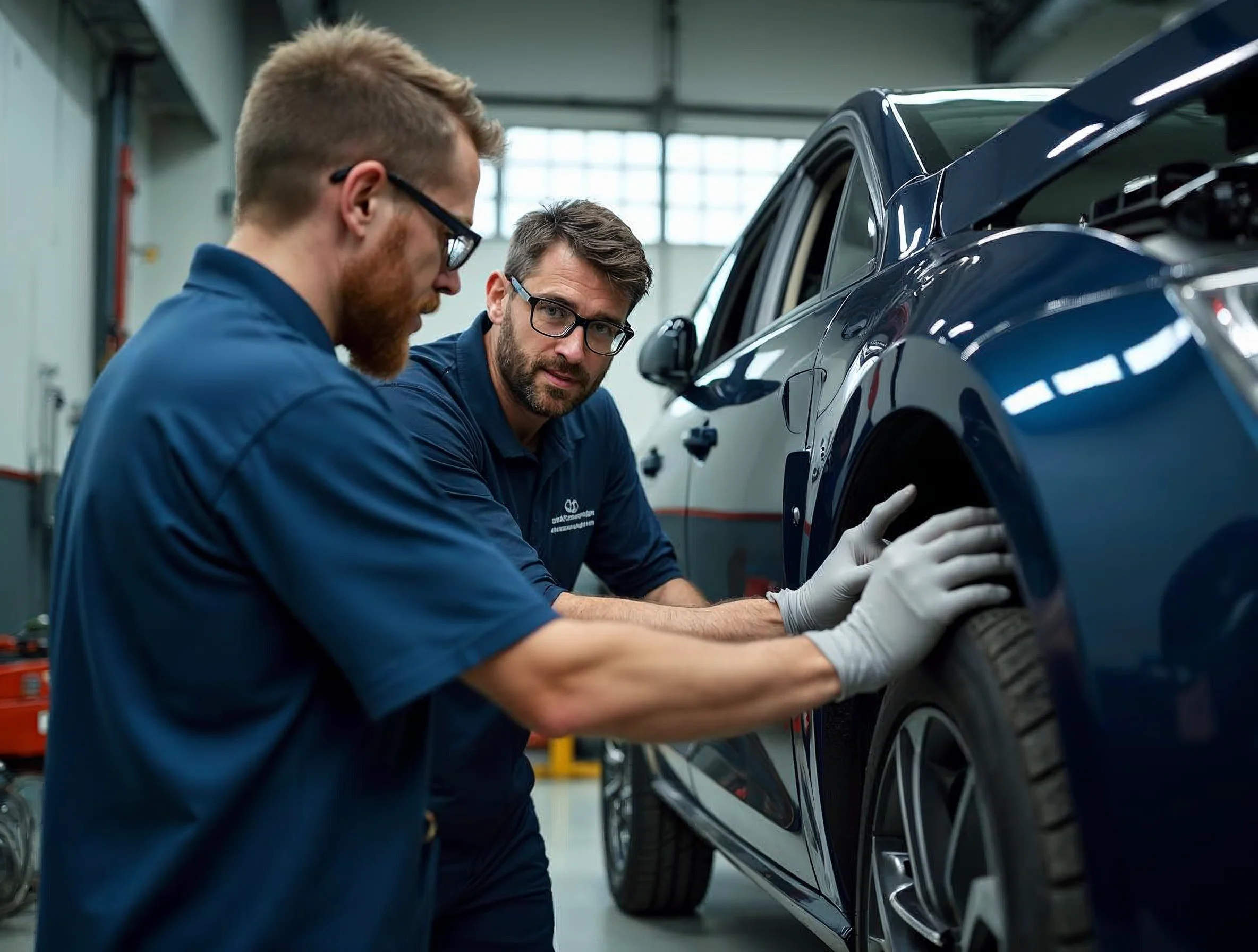 L'encadrement quotidien compte plus que le prestige Un tuteur expérimenté encadre un apprenti mécanicien dans un atelier automobile pendant un geste technique.