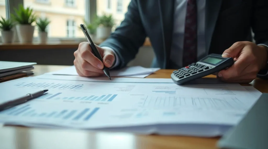 Employeur vérifiant le budget d’un contrat d’apprentissage avec documents de paie et calculatrice.
