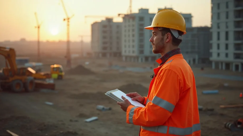 Jeune candidat en apprentissage du bâtiment qui compare plusieurs types d'employeurs sur des situations de chantier réalistes.