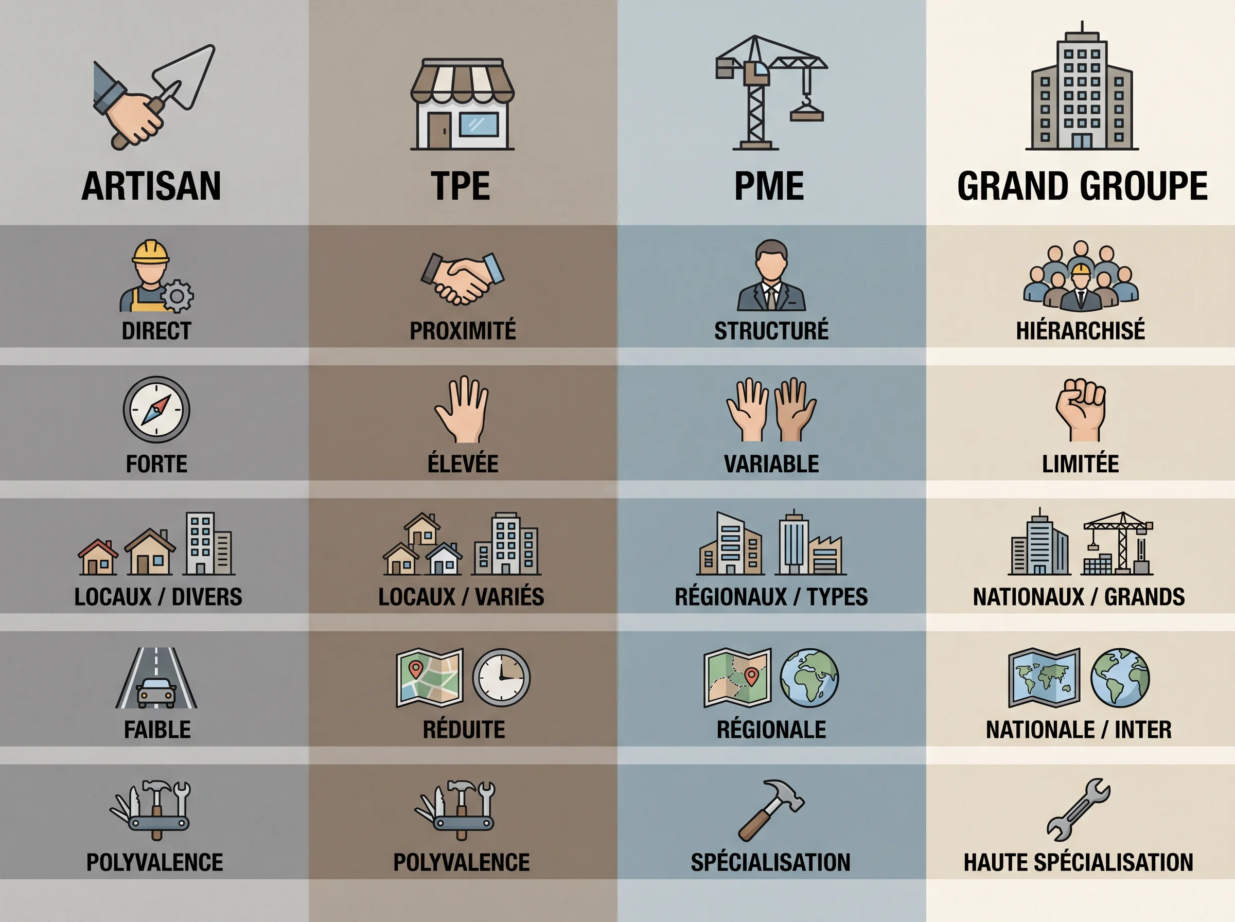 Comparer les types d'employeurs dans le bâtiment Tableau visuel comparant artisan, TPE, PME et grand groupe pour un apprentissage dans le bâtiment.