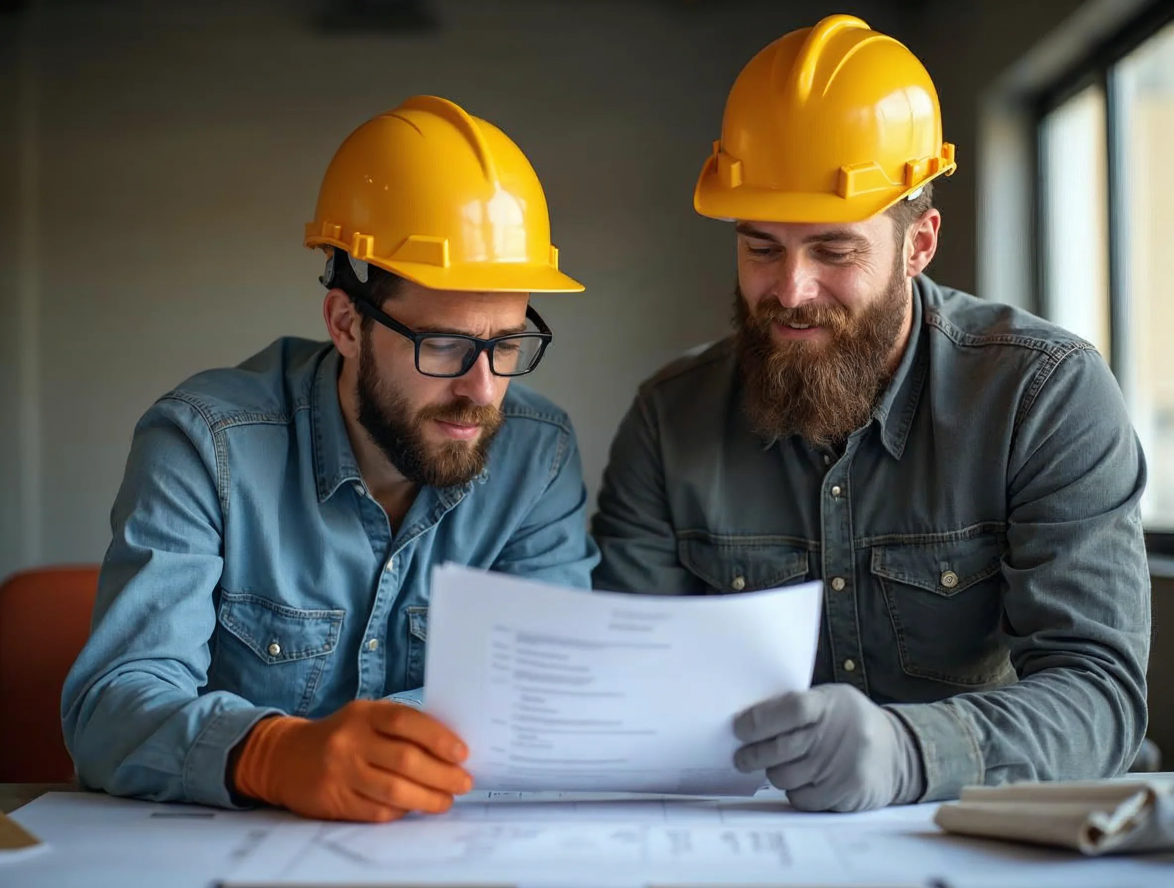 Vérifier les points clés avant de signer Apprenti du bâtiment qui vérifie son contrat et les conditions d'encadrement avec un responsable avant signature.