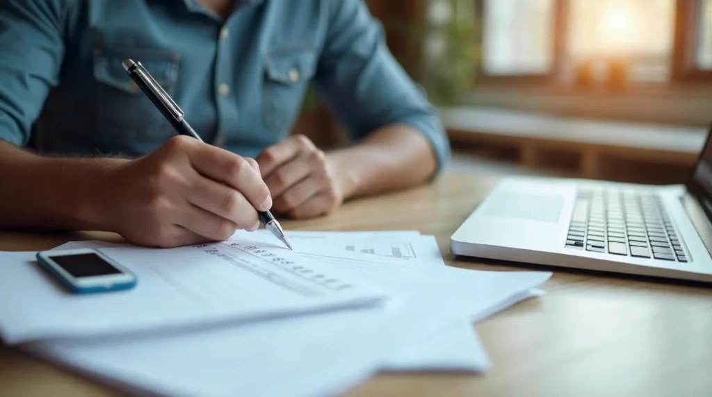 Étudiant en alternance préparant un calendrier et des documents pour présenter son rythme à une entreprise.