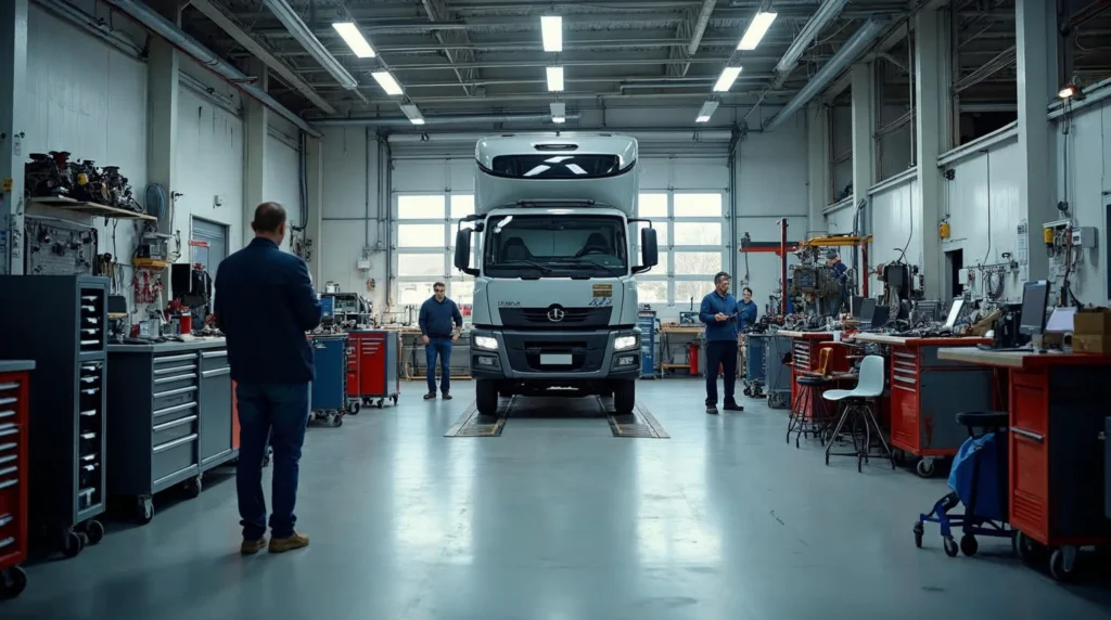 Vue d’un atelier de formation montrant les trois voies de la maintenance des véhicules : automobile, poids lourds et deux-roues.