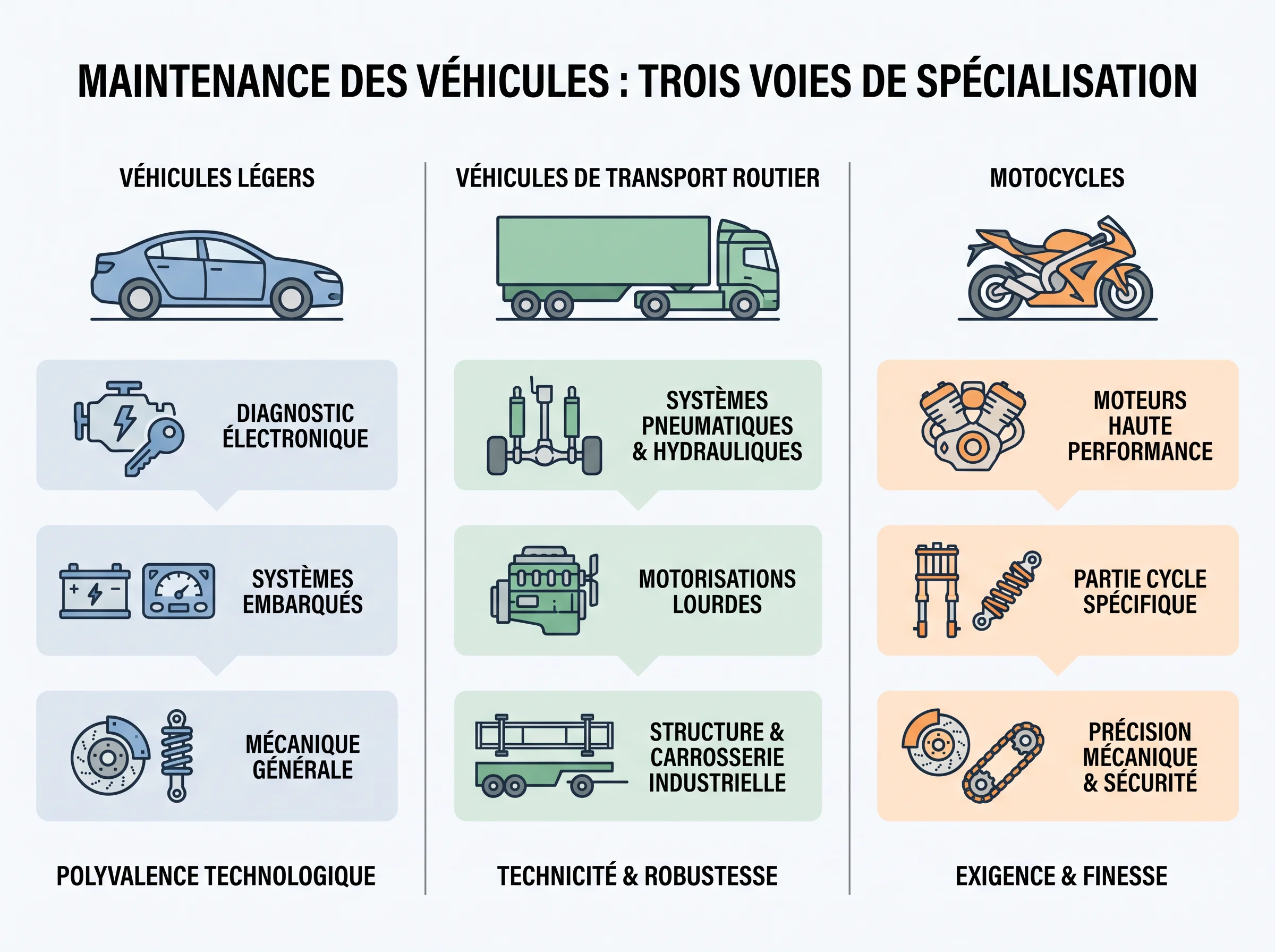 Les trois voies de spécialisation en maintenance des véhicules Schéma comparatif des trois options de la spécialité maintenance des véhicules : véhicules légers, véhicules de transport routier et motocycles.