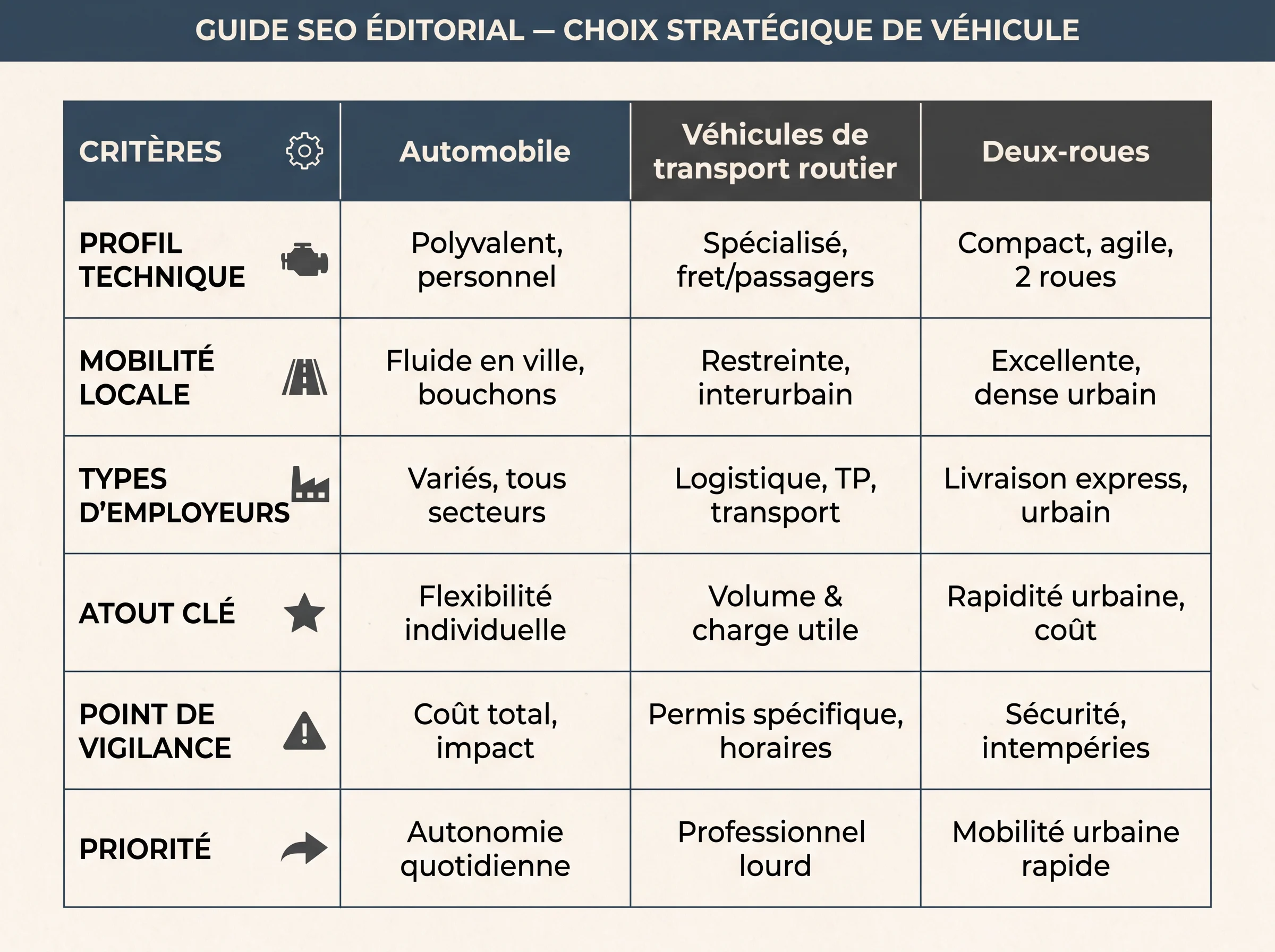 Tableau de décision pour choisir sa spécialité Tableau de décision simple pour comparer automobile, poids lourds et deux-roues selon le profil et la mobilité.