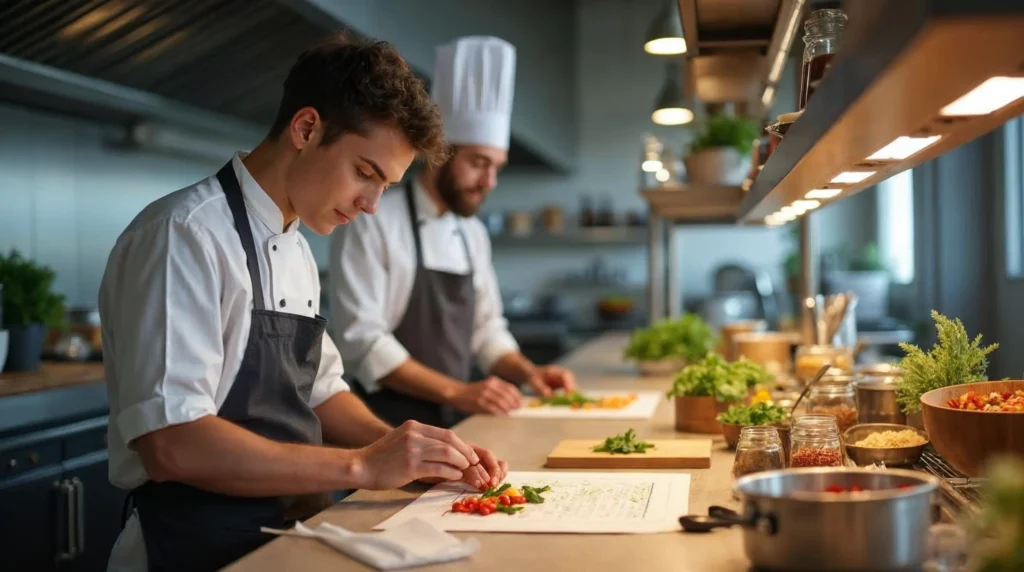 Apprenti cuisinier dans une cuisine de restauration collective en train d’évaluer son environnement de travail avec un tuteur en arrière-plan.