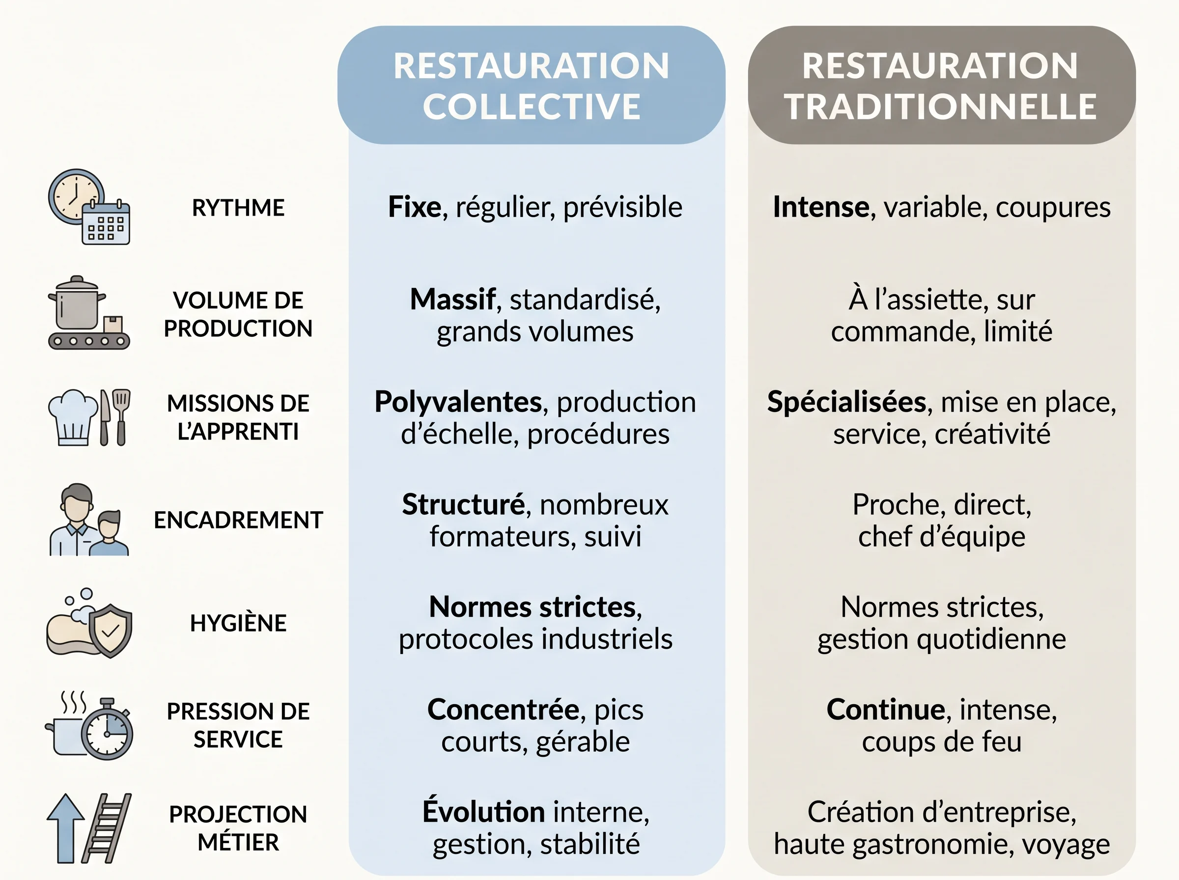 Comparer restauration collective et restauration traditionnelle Infographie comparant la restauration collective et la restauration traditionnelle sur des critères concrets pour un apprenti cuisinier.