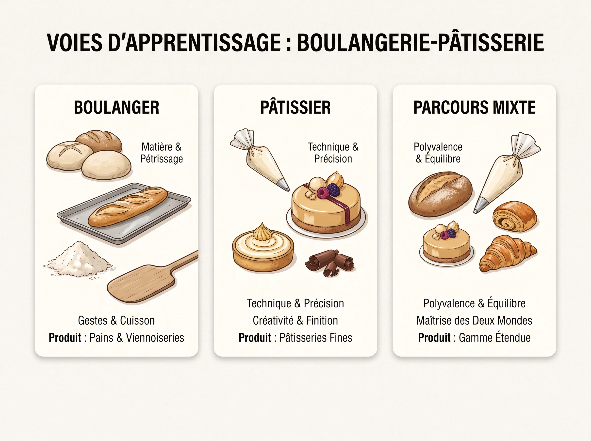 Comparer les trois voies d apprentissage Infographie comparant les voies boulanger, pâtissier et parcours mixte selon les gestes métiers et le niveau de polyvalence.