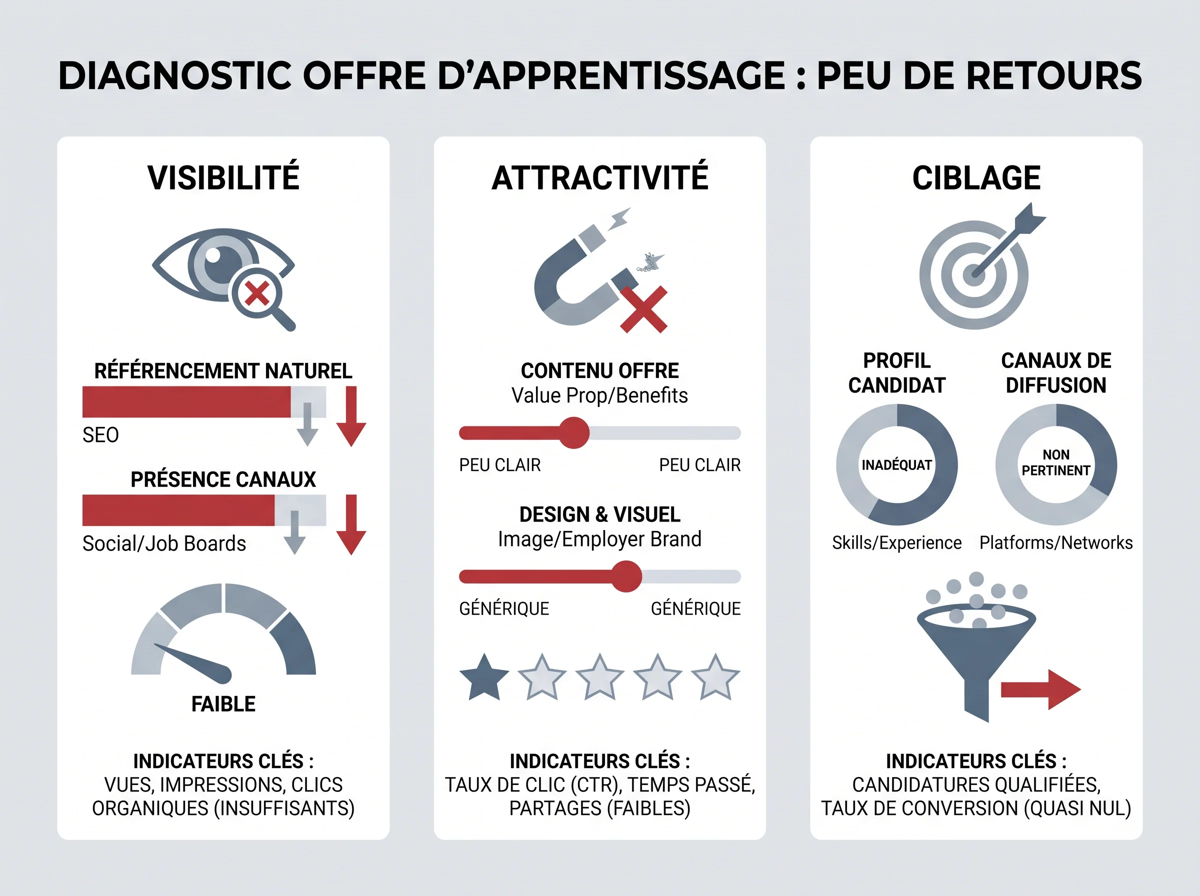 Grille de diagnostic de l’offre Grille visuelle simple pour distinguer un problème de visibilité, d’attractivité ou de ciblage sur une offre d’apprentissage