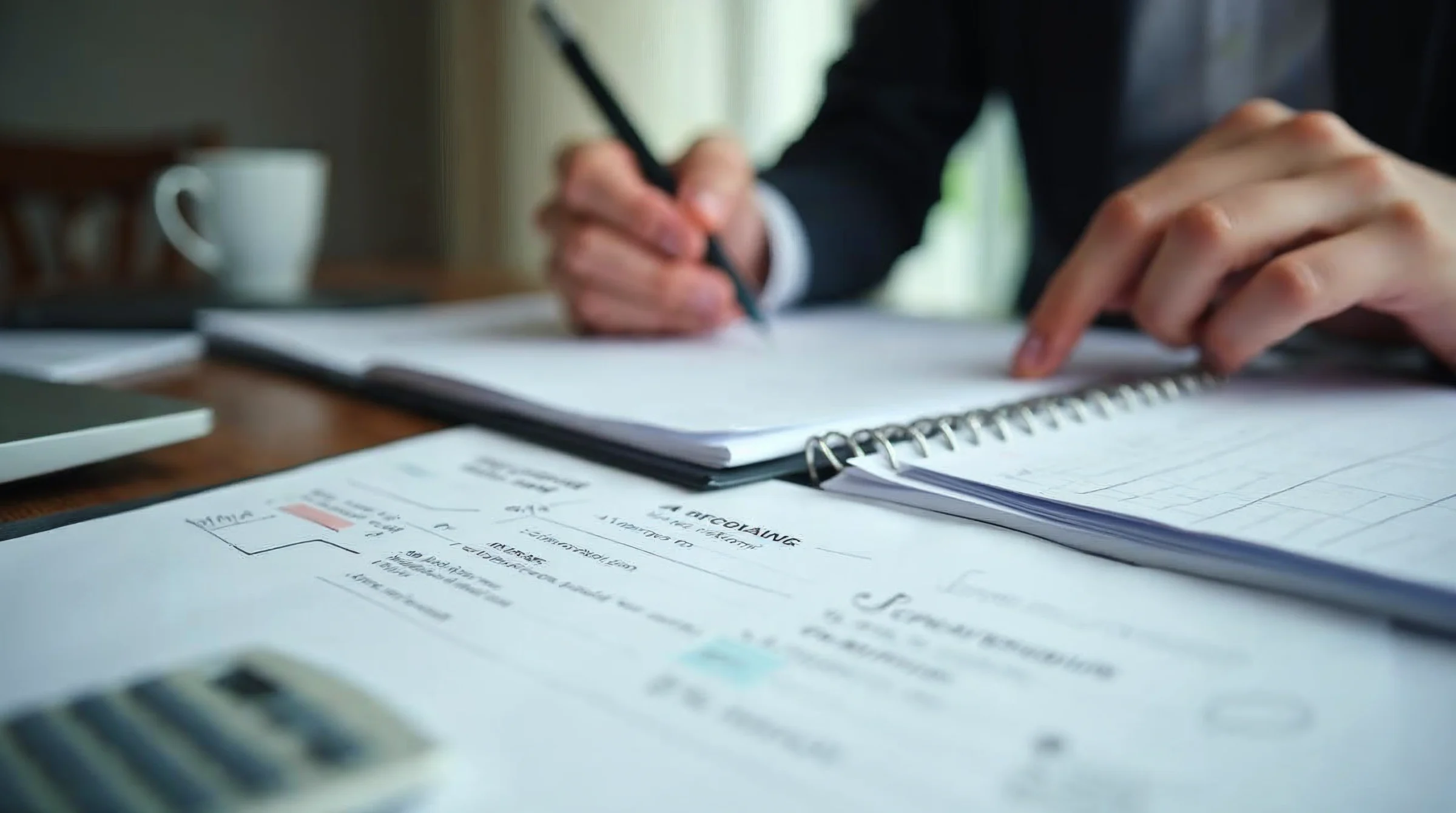 Responsable de PME évaluant de façon méthodique un recrutement en apprentissage avec documents de coût, planning et checklist RH.