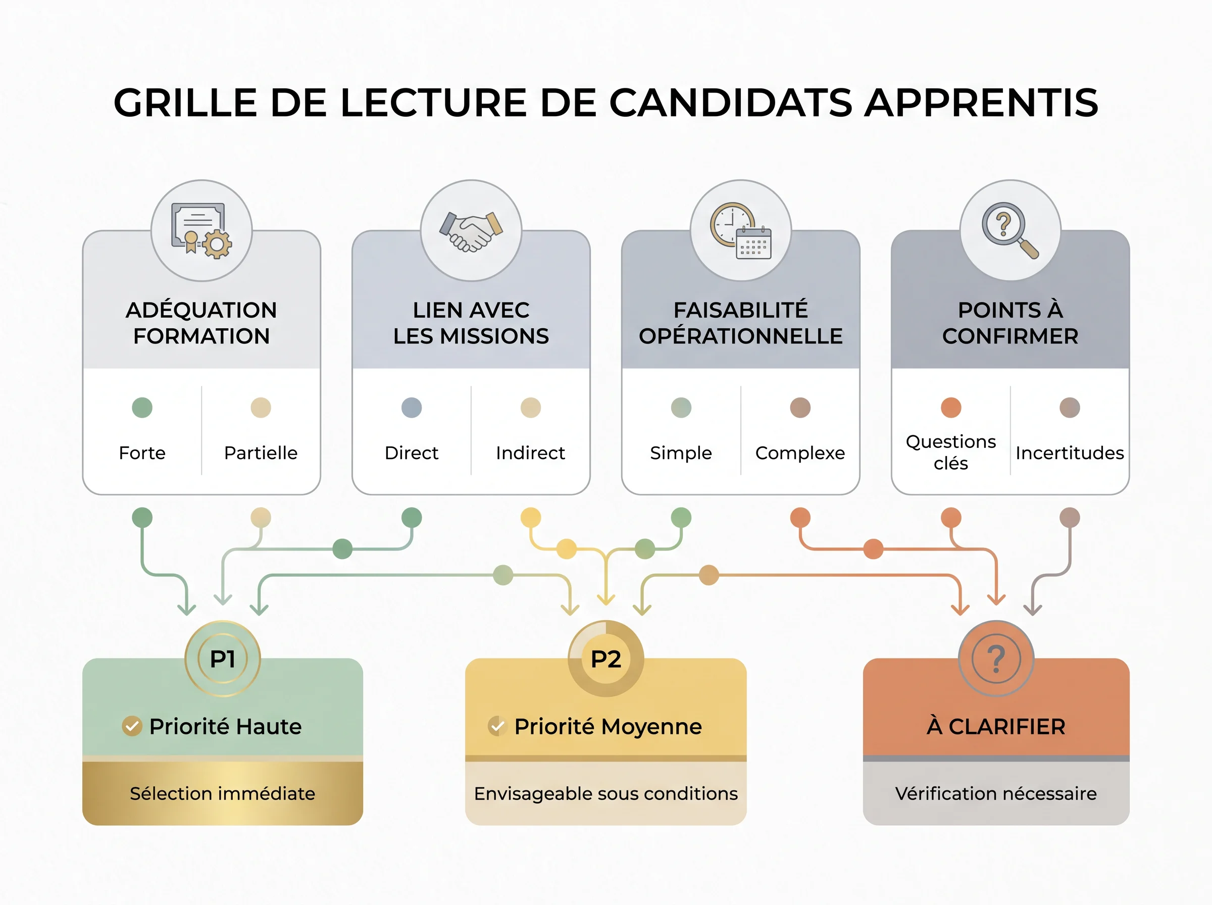Schéma simple montrant une grille de lecture pour classer des profils apprentis en priorité 1, priorité 2 ou à clarifier.