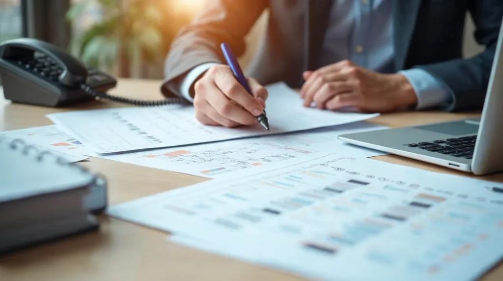 Responsable d’entreprise organisant un calendrier de recrutement d’un apprenti avec documents et planning sur un bureau.