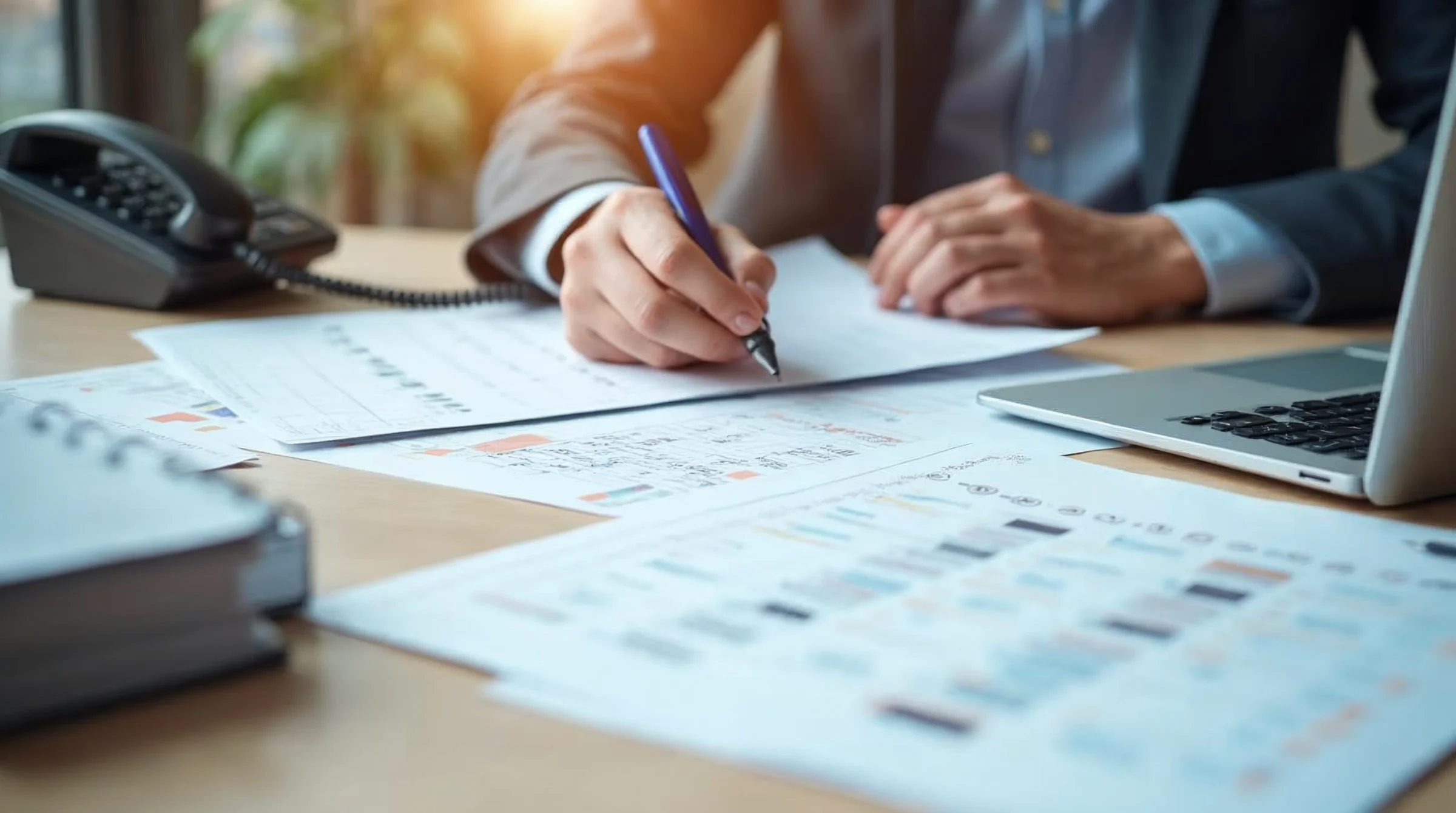 Responsable d’entreprise organisant un calendrier de recrutement d’un apprenti avec documents et planning sur un bureau.