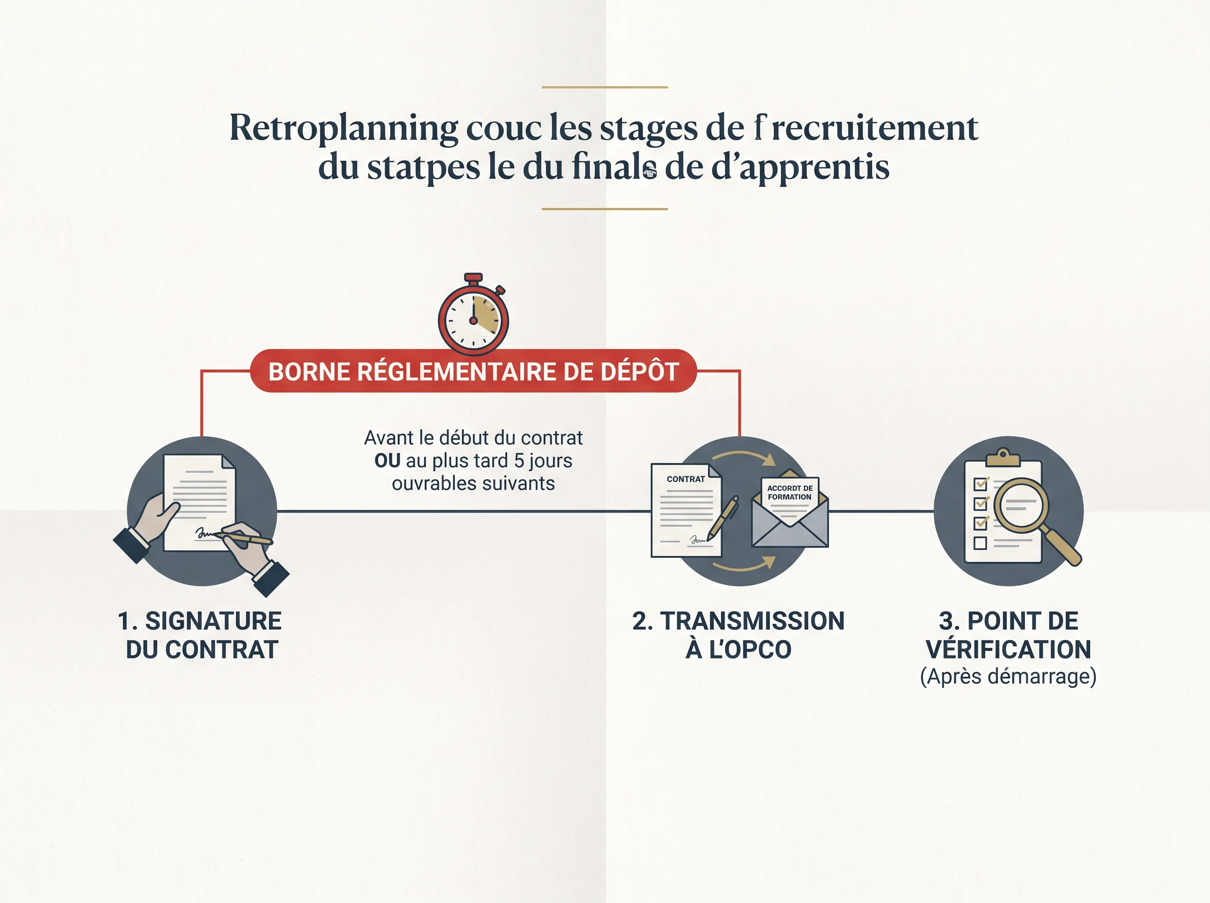 Transmission du contrat dans le rétroplanning final Schéma chronologique de transmission du contrat d’apprentissage à l’OPCO dans le rétroplanning final.