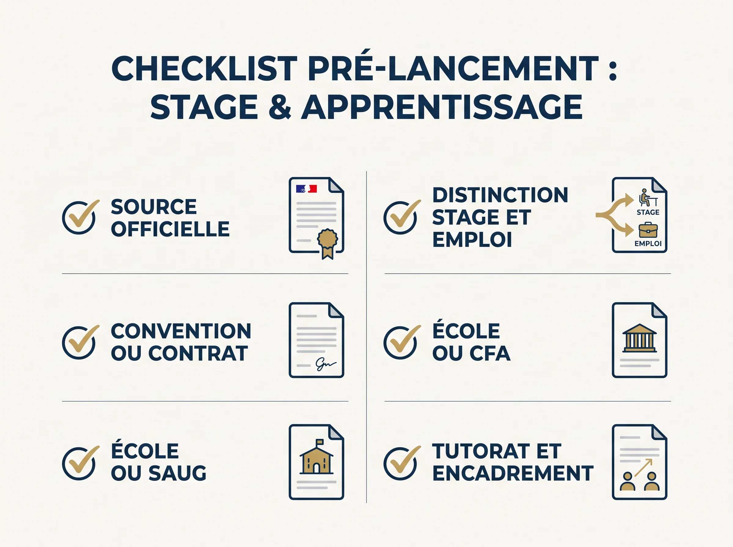 Checklist avant lancement du recrutement ou de l’accueil Checklist visuelle des vérifications officielles à effectuer avant de lancer un stage ou un contrat d’apprentissage.
