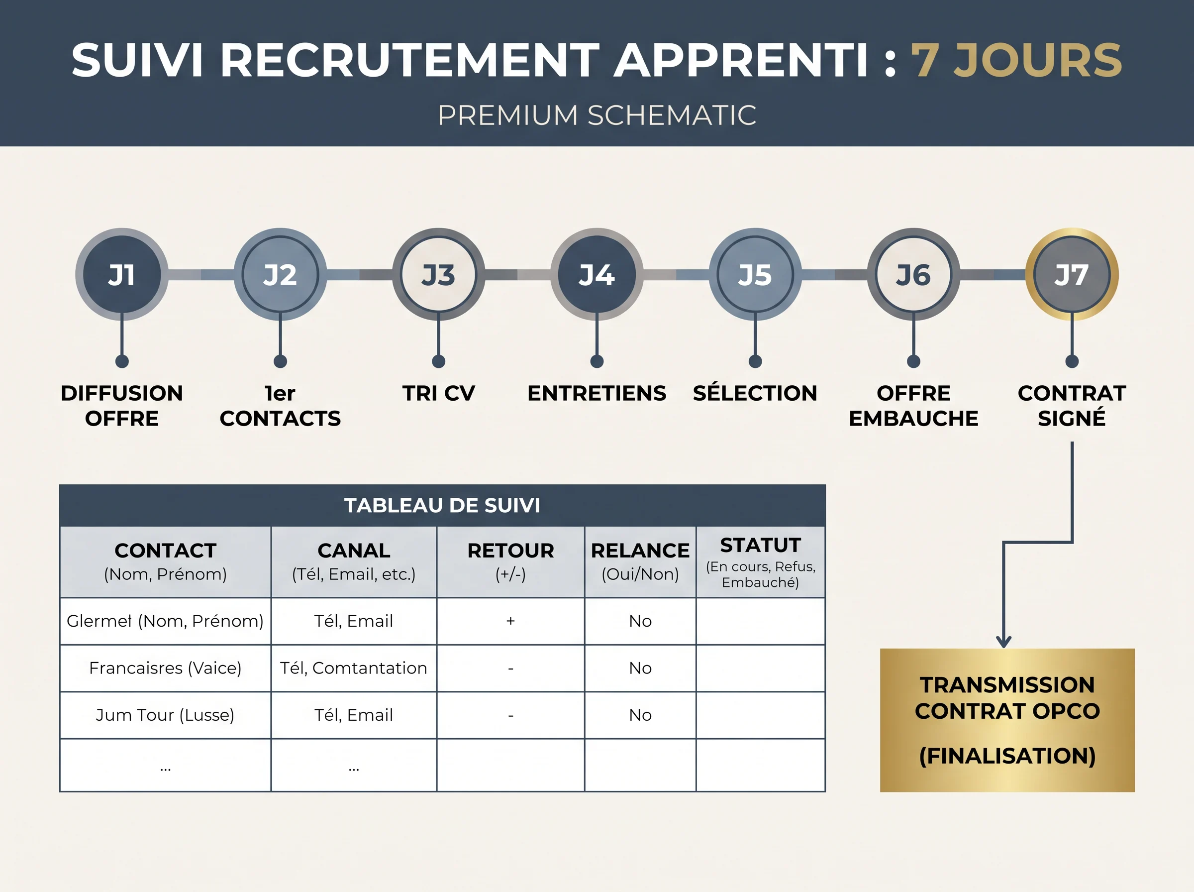 Schéma simple de suivi des démarches de recrutement d’un apprenti sur 7 jours avec relances et transmission du contrat.