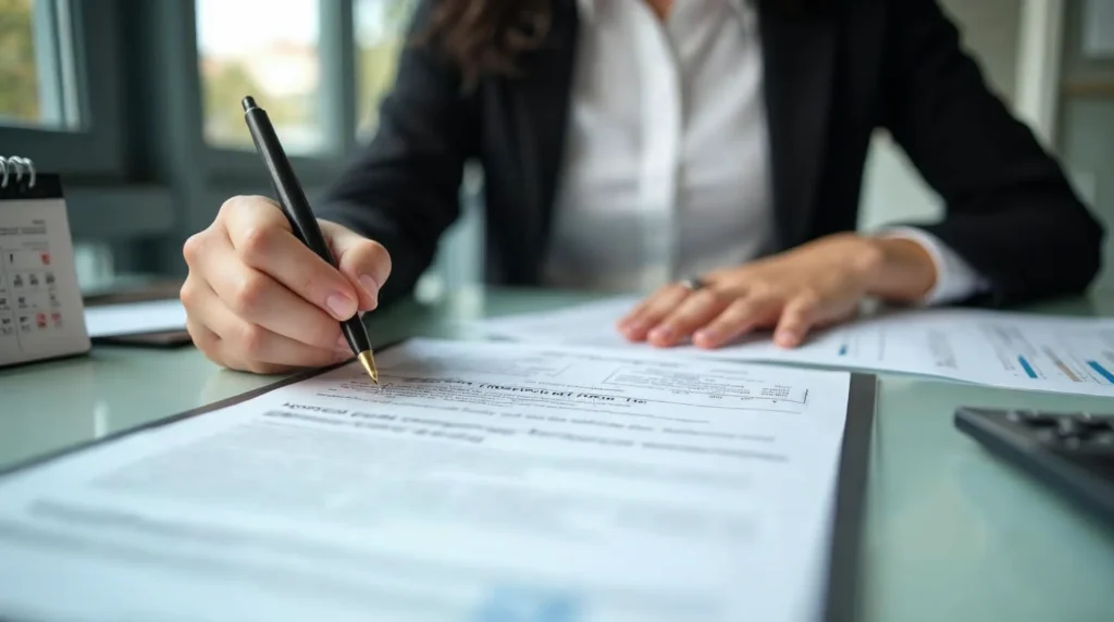 Apprenti vérifiant un contrat, une fiche de paie et une grille de rémunération sur une table.
