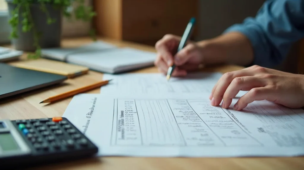 Un apprenti prépare son budget mensuel avec des documents de salaire, de logement et de transport sur une table.