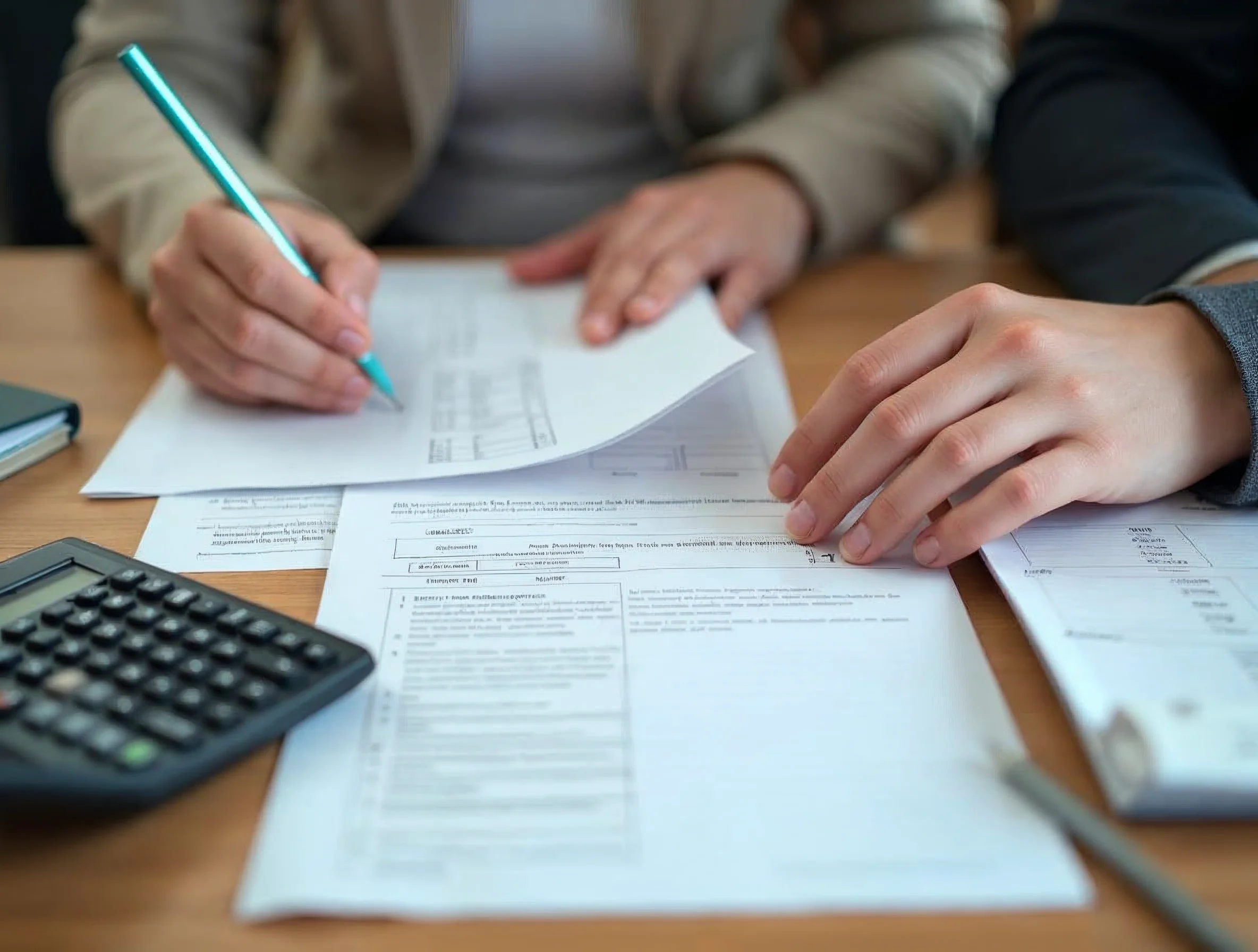 Vérifier le salaire prévu avant le budget Des mains vérifient un salaire d'apprenti à partir de documents et de notes de calcul.